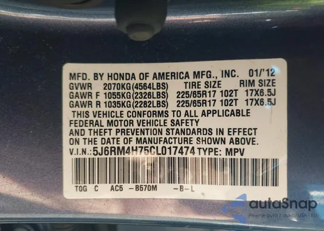 2012 Honda Cr-V Ex-L from USA, damaged, VIN 5J6RM4H75CL017474
